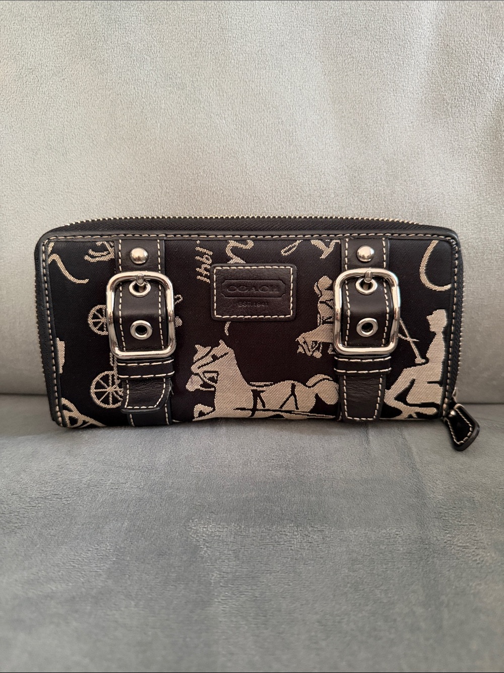 Coach Black & Cream Horse-and-Carriage Zip Wallet with Buckle Detail